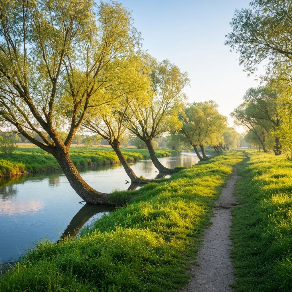 Folyóparti ösvény fűzfák alatt, reggeli fényben
