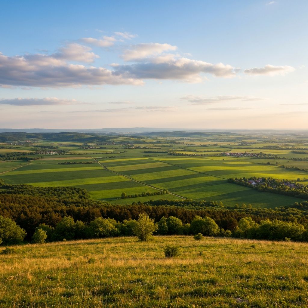 Panorámakilátás völgyre és mezőkre egy dombtetőről